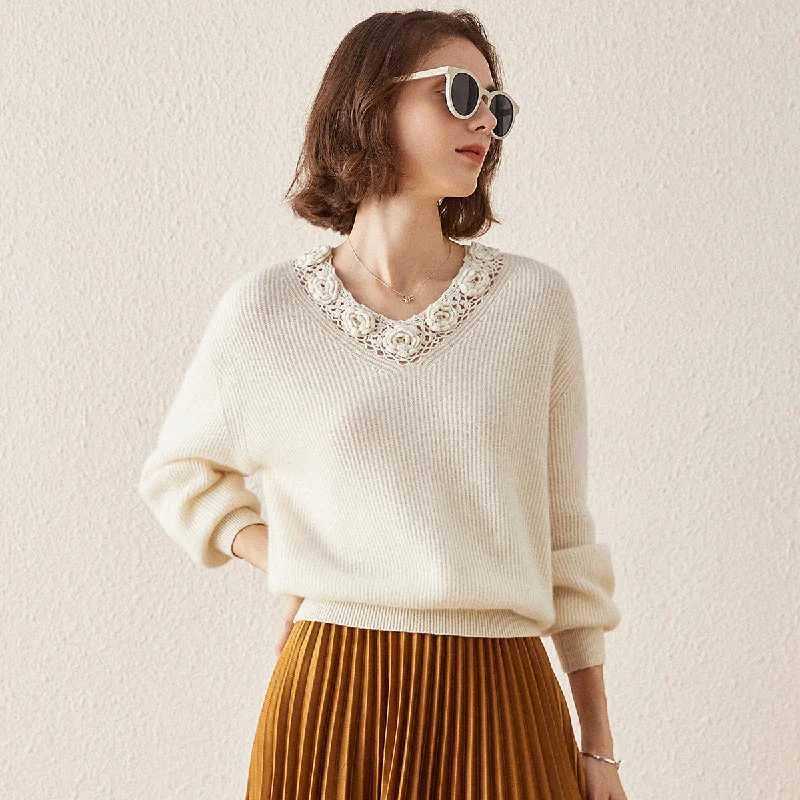 Sweet Style 100% cashmere V Neck Crochet Knit Sweater