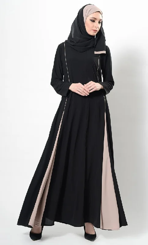 French Retro Two Tone Flared Panels Abaya Dress And Hijab Set
