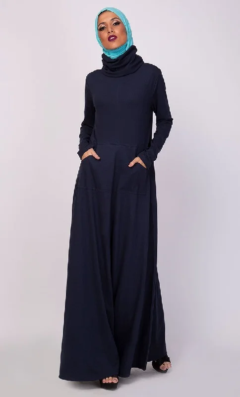 Elegant And Simple High Neck Collared And Pockets Detail Abaya Dress