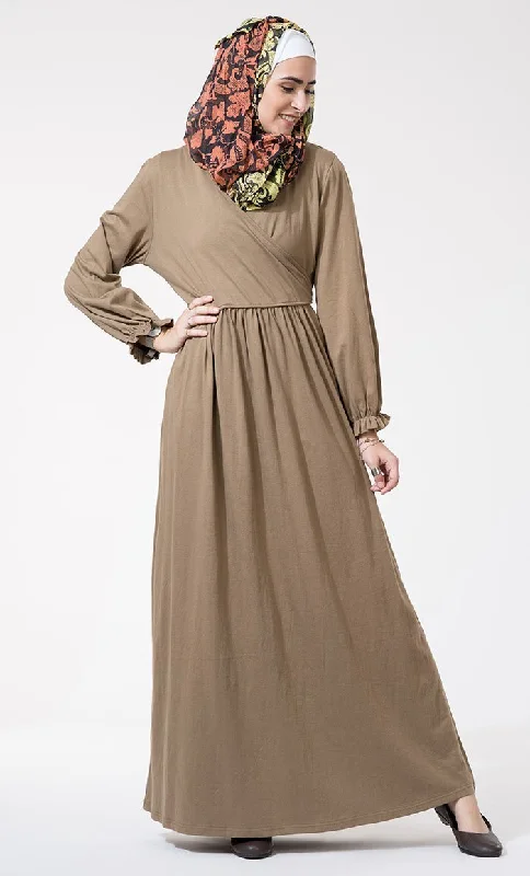 Soft Wear Wrap around and ruffled edged seeves detail abaya dress