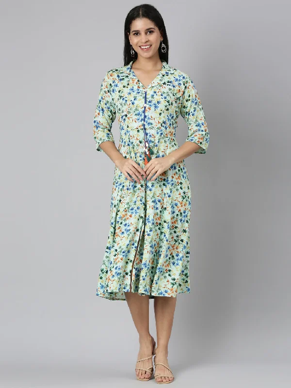 Cute Style Neerus Green Flared Casual Floral Fit and Flare Dresses