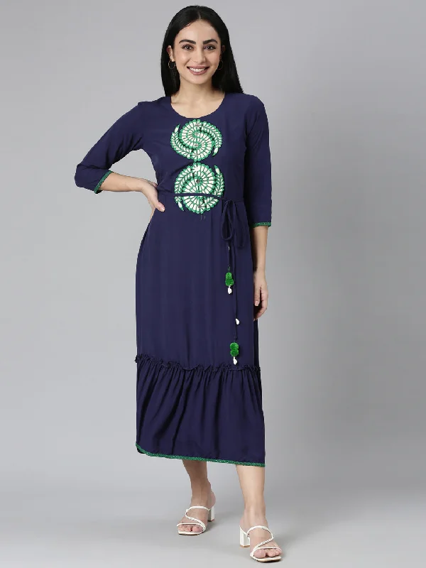 Sexy Fun Neerus Blue Flared Casual Solid Maxi Dresses