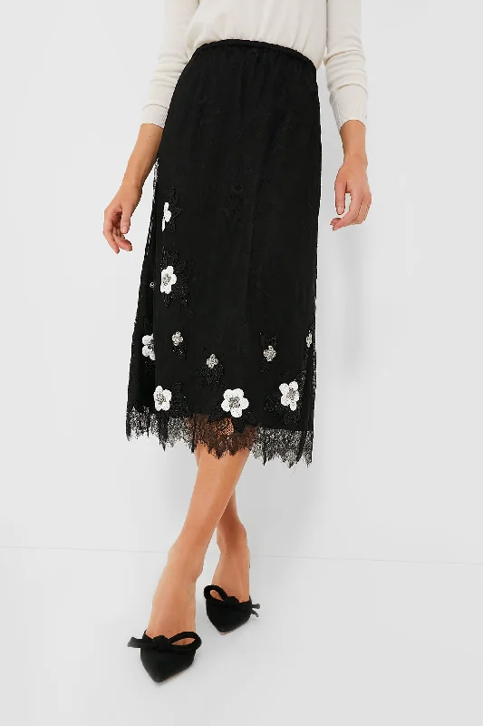 Stand-up collar design Black Bethany Lace Midi Skirt
