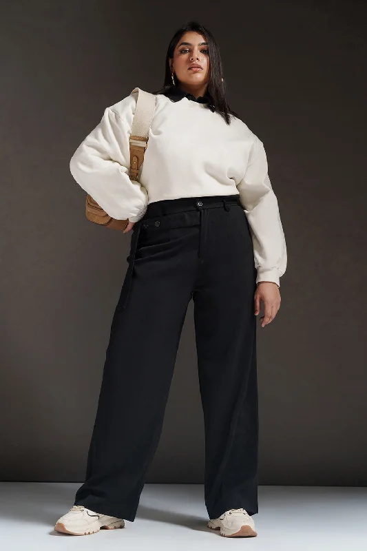 Urban Chic Black Quill Curve Strap Detailed Korean Pants