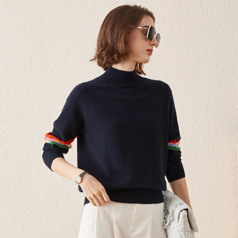 Cozy Fit 100% Cashmere Sweater with Multicolored Striped Sleeves