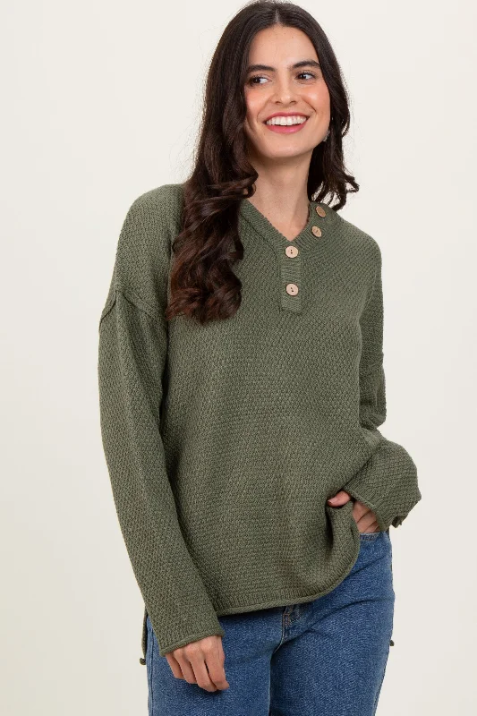 Innovative Design Light Olive Diamond Knit Button Detail Sweater