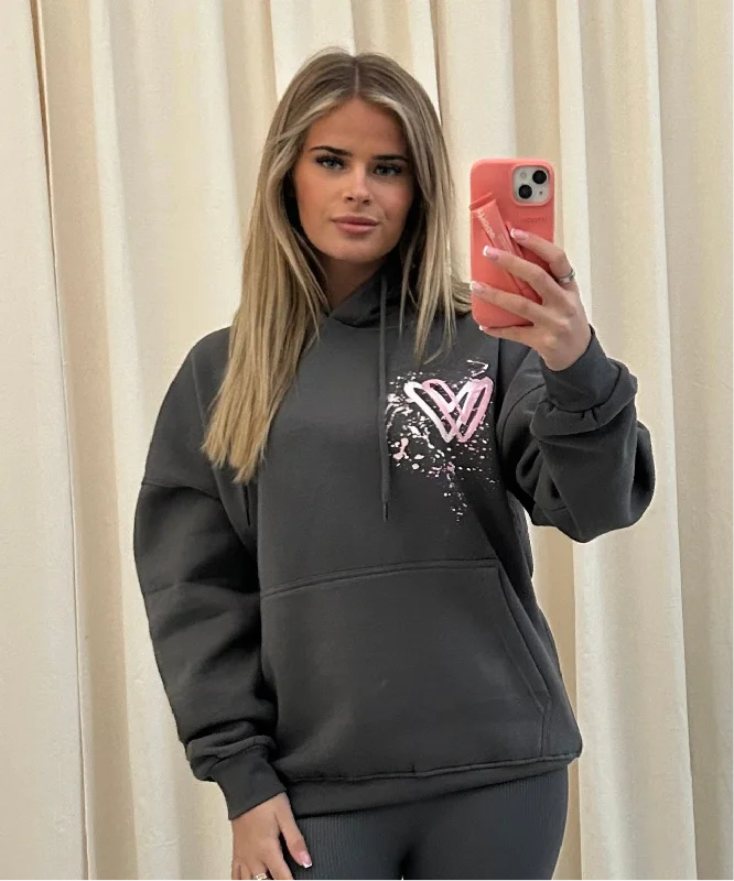 Classic Color Pink Heart Graffiti Hoodie Charcoal Grey