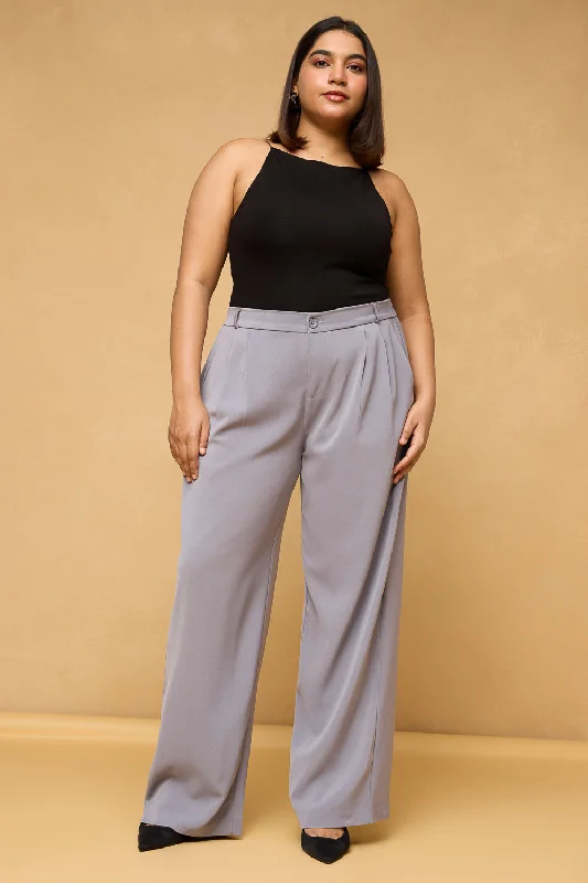 Fashionable Ease Curve Ash Grey Pleated Korean Pants