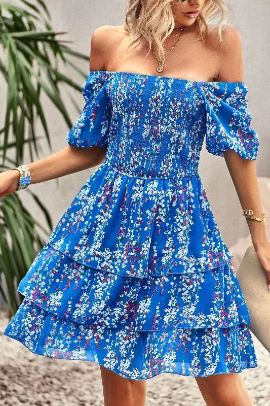 Sports Fitness Wear FLORAL PUFF SHOULDER CAKE DRESS