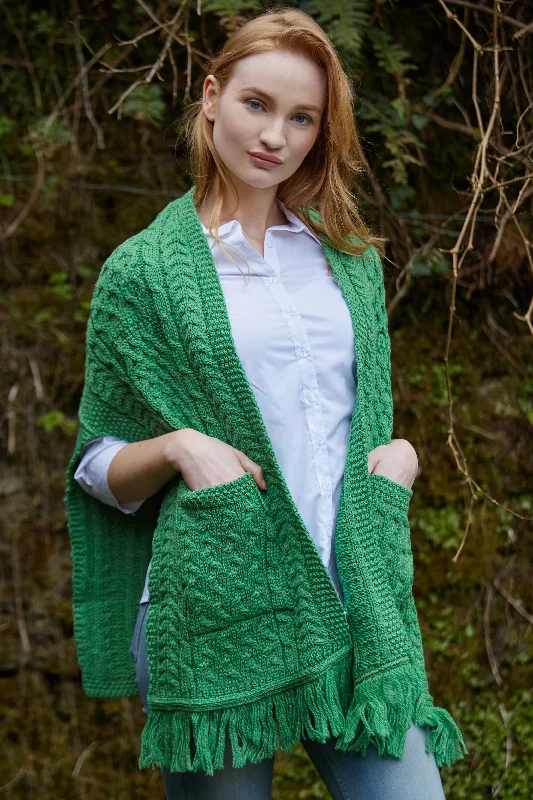 Floral Prints Aran Shawl Wrap with Pockets- Green