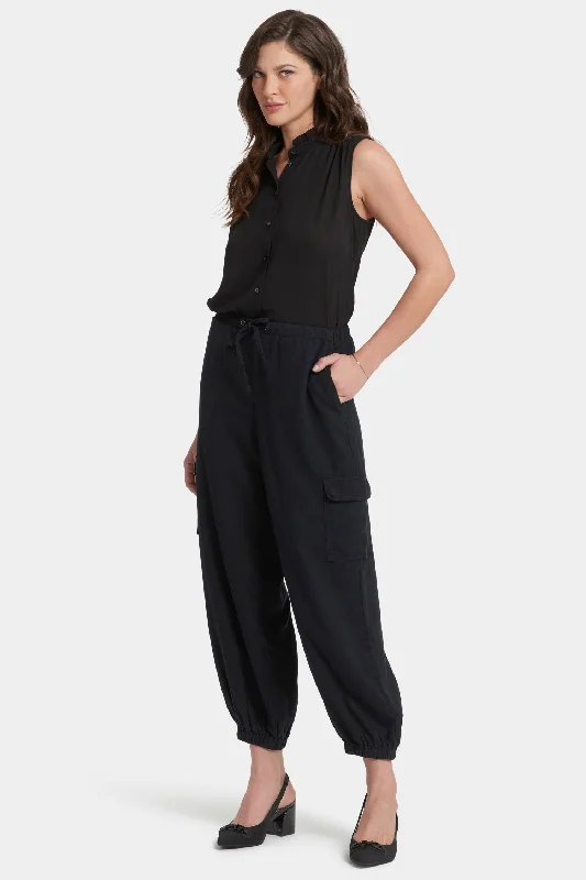 Literary Style Relaxed Cargo Ankle Pull-On Pants - Overdye Black