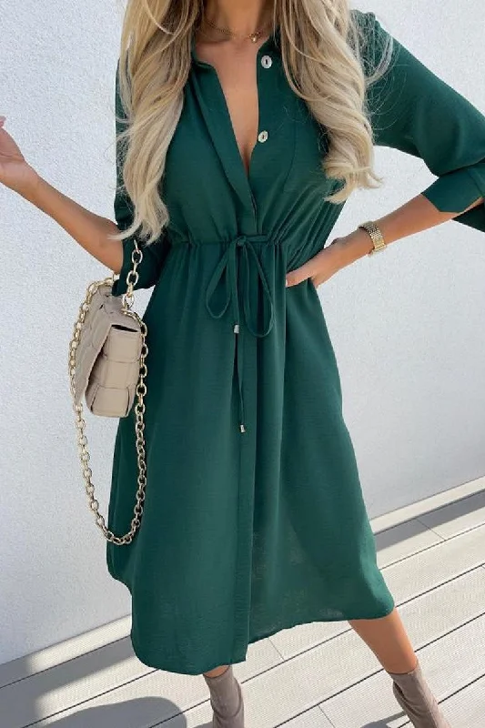 Dynamic Fashion WOMEN DRASTRING WAIST BUTTON DOWN LONG DRESS