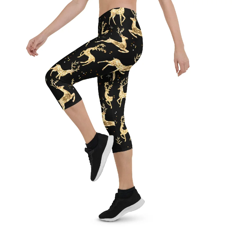 Cozy Fit Wear Golden Reindeers Print Capris