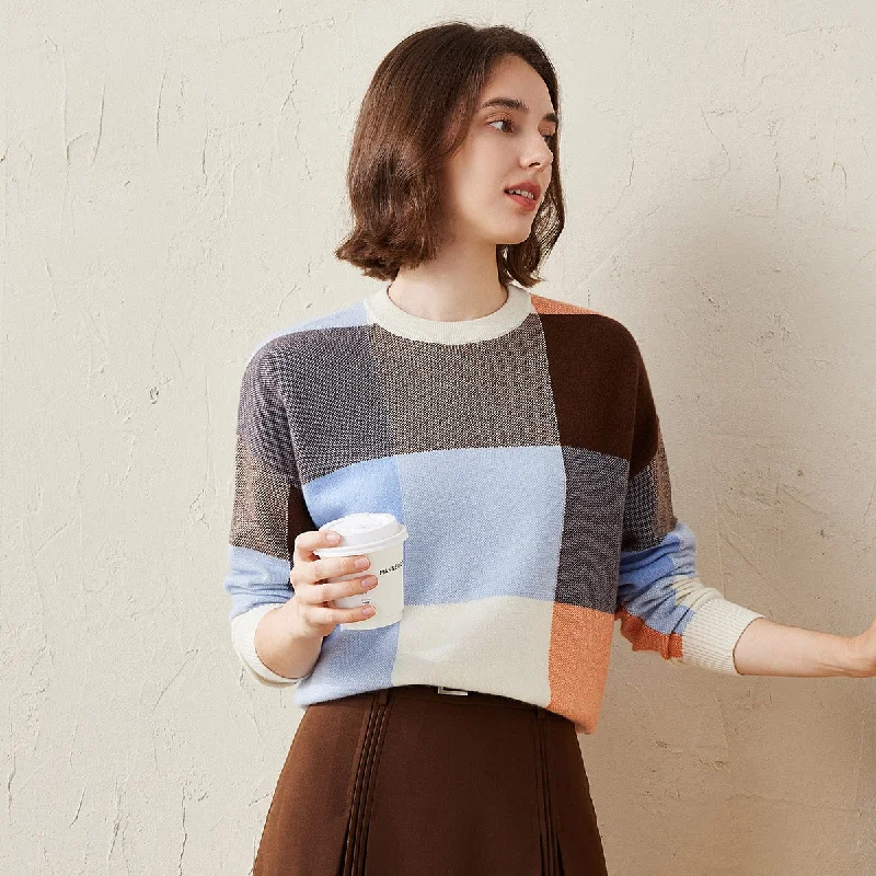 Chic Lounge 100% Cashmere Color Block Plaid Sweater