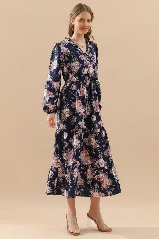 New Products FLORAL PATTERN LONG SLEEVE CASUAL DRESS