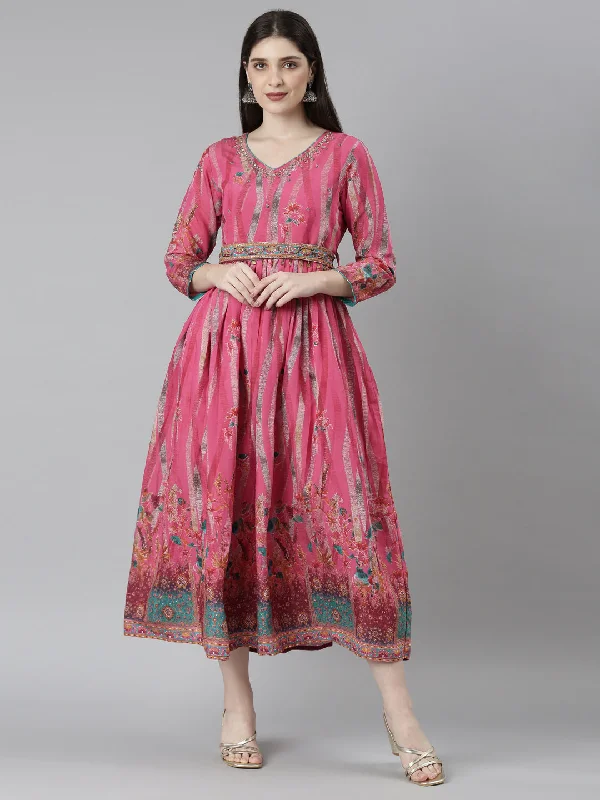 Cool Breeze At Night Neeru's Pink Flared Casual Floral Dresses