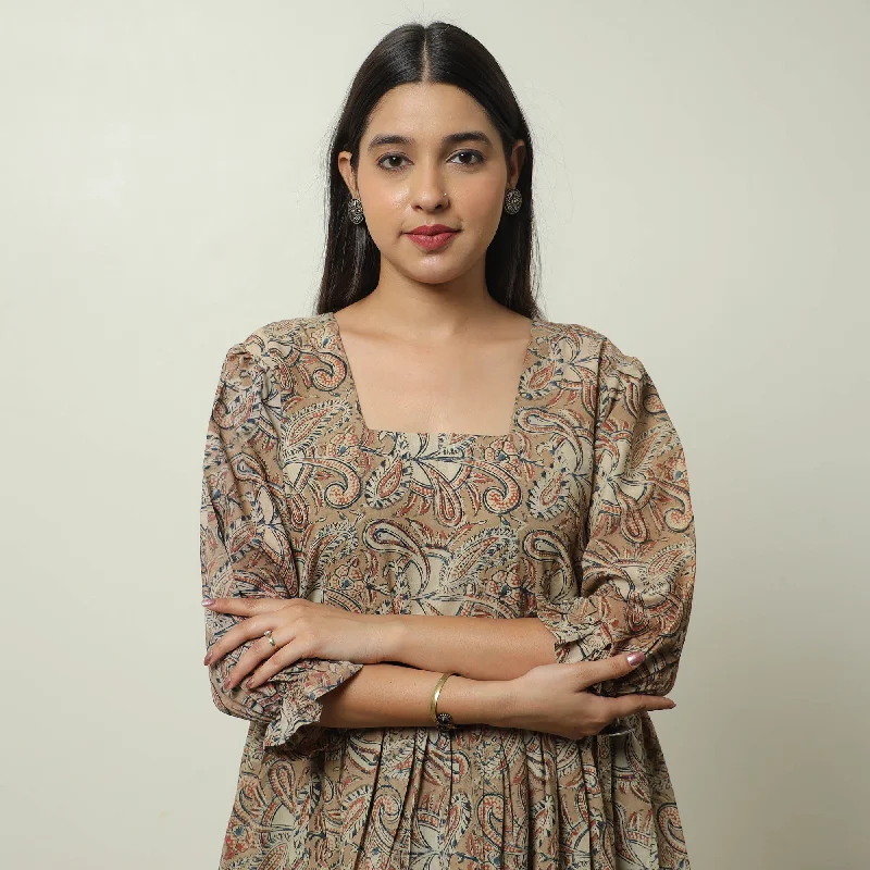Effortless Elegance Brown - Kalamkari Block Printed Cotton Tiered Dress 09
