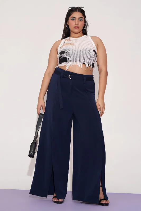 Cozy Look Mystic Navy Curve Belted Flared Korean Pants