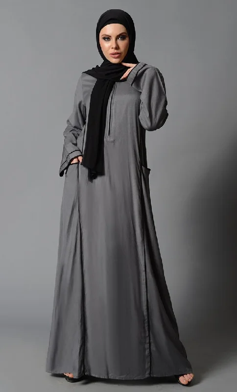 Goddess Outfit Zipper detail and contrast color trims basic abaya dress