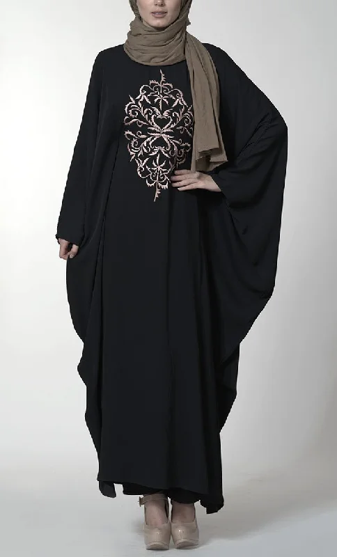 Relaxed Style Contrast color embroidered motif kaftan style eid abaya dress