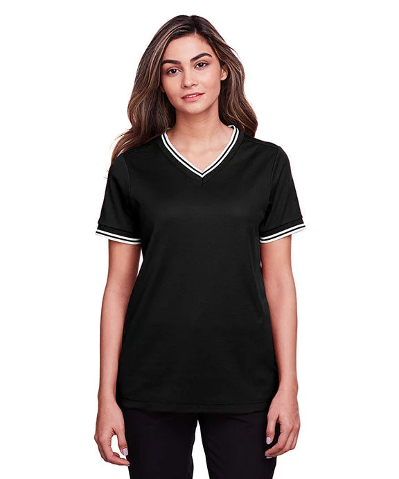 Versatile Items DG20CW - Devon & Jones CrownLux Performance® Ladies Plaited Tipped V-Neck Top | Black/White