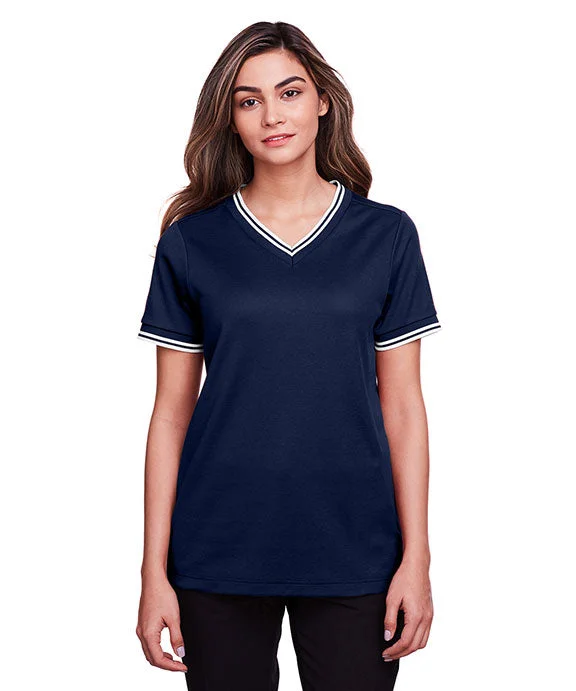 Sports Fashion DG20CW - Devon & Jones CrownLux Performance® Ladies Plaited Tipped V-Neck Top | Navy/White