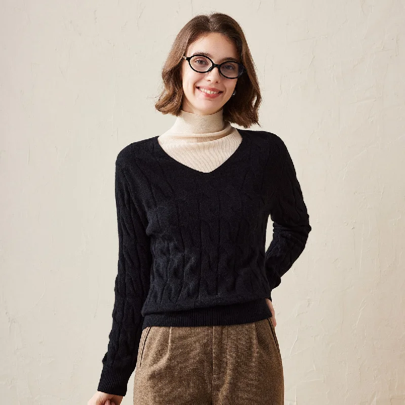 Casual Choice 100% Cashmere Cable Knit V-Neck Sweater