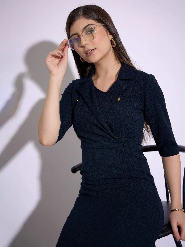 Sports Fitness Wear Women Navy Notch Collar Short Sleeve Midi Dress