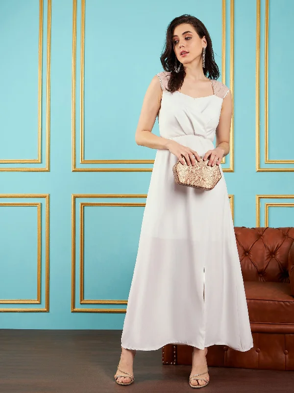 Breathable Style Women White Embellished Back Cut-Out Maxi Dress