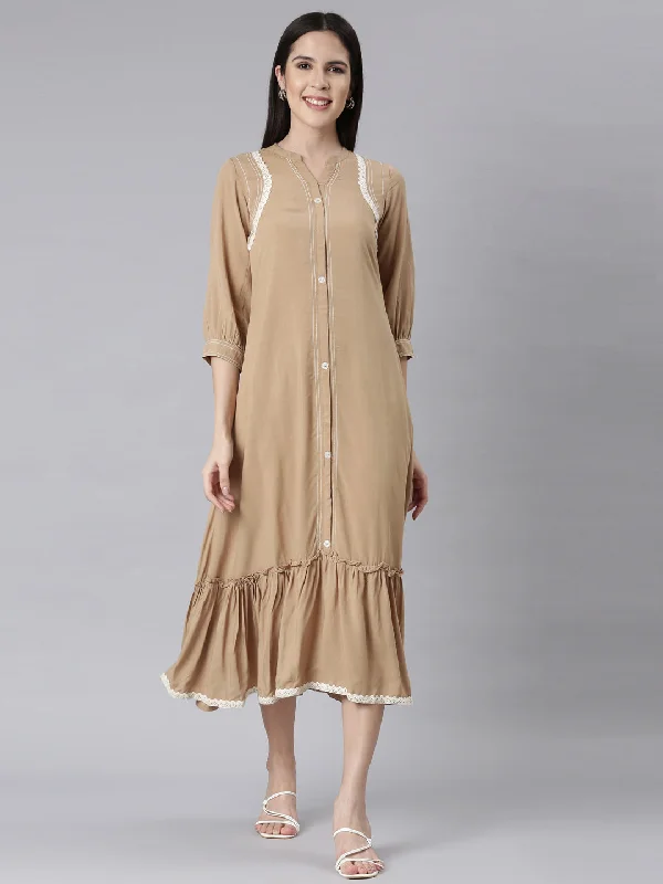 Economic Outlook Neerus Beige Curved Casual Solid Maxi Dresses