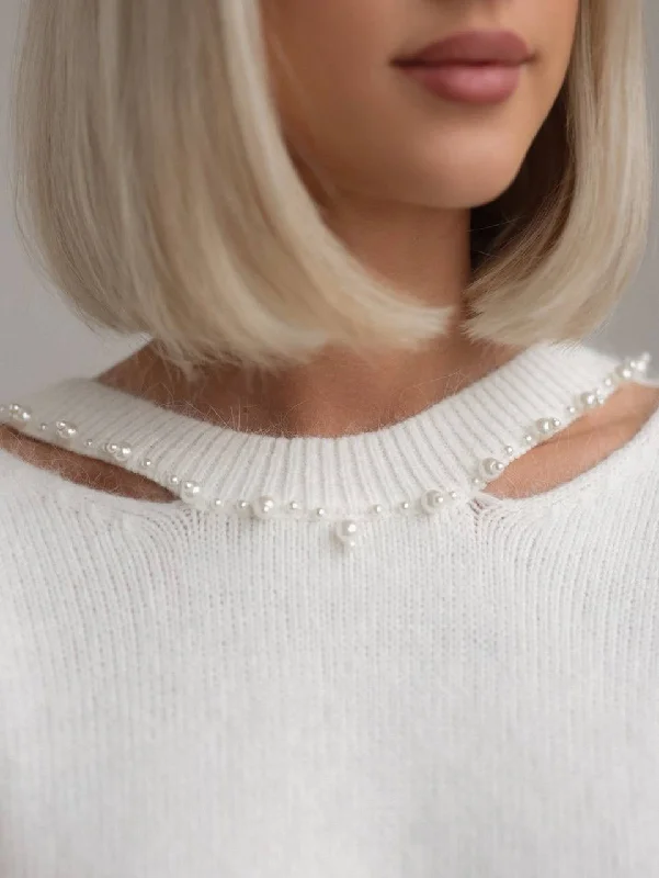 High Street Series Pearl-Detail White Knit Sweater