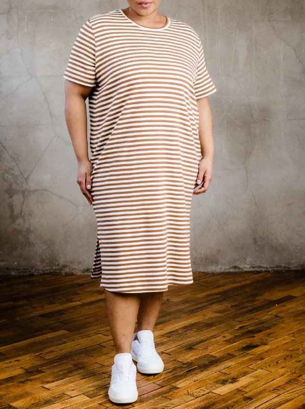 Sports Functional Style Maria Boxy Midi Dress - Pecan Stripe