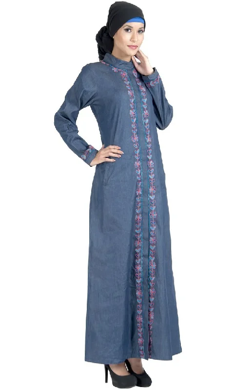 Soft Clothing Front open denim embroidered abaya/ Jilbab dress