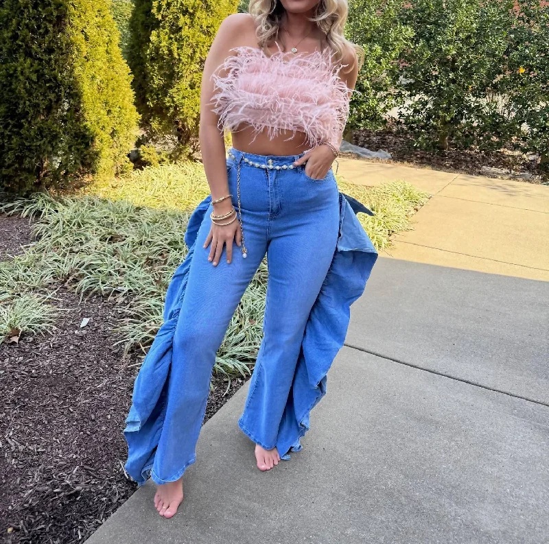 Retro Stripes Over The Top Ruffle Flares In Denim