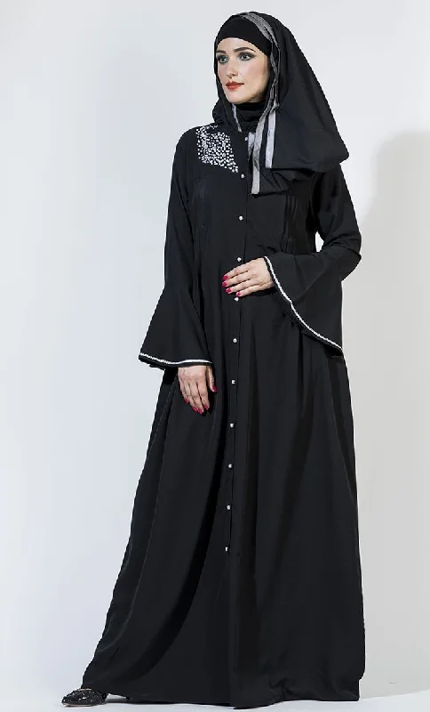Simple Style Pearl Crystal Front Open Abaya/ Jilbab- Black