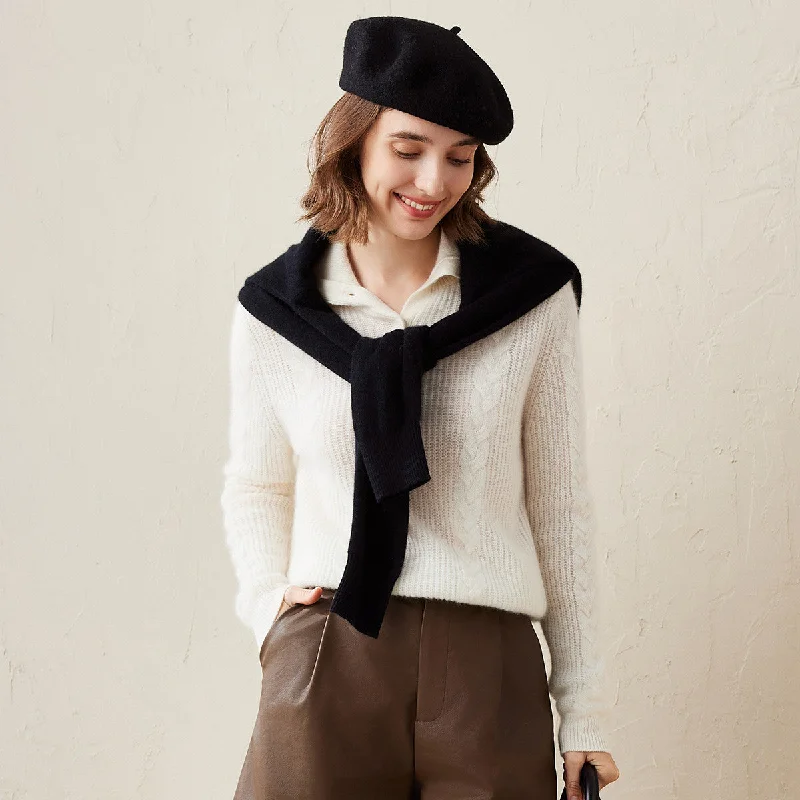 All-Day Comfort 100% Cashmere Cable Knit Sweater with Button Neck