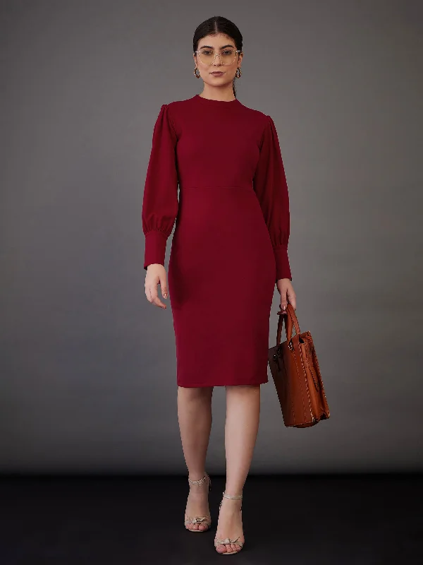 Street Graffiti Design Women Red Puff Sleeves Bodycon Midi Dress