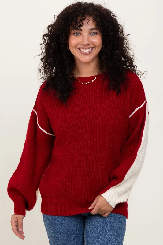 Comfortable And Simple Burgundy Ivory Colorblock Oversized Sweater