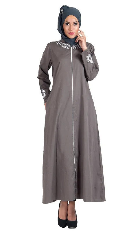 Comfortable Dresses Grey Cotton Twill Full Zipper Front Open Abaya/ Jilbab Dress