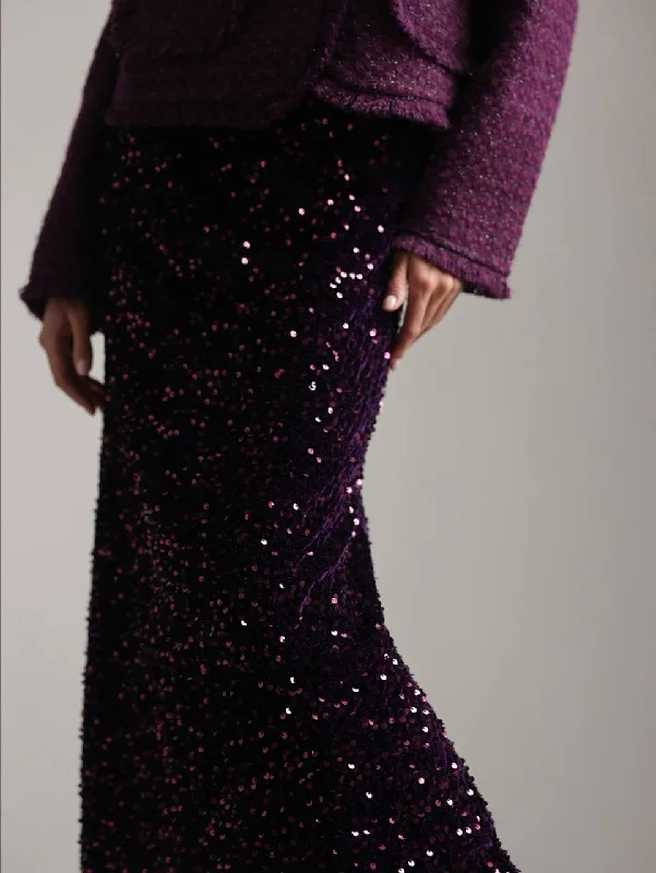 Retro Prints Sequined Purple Maxi Skirt