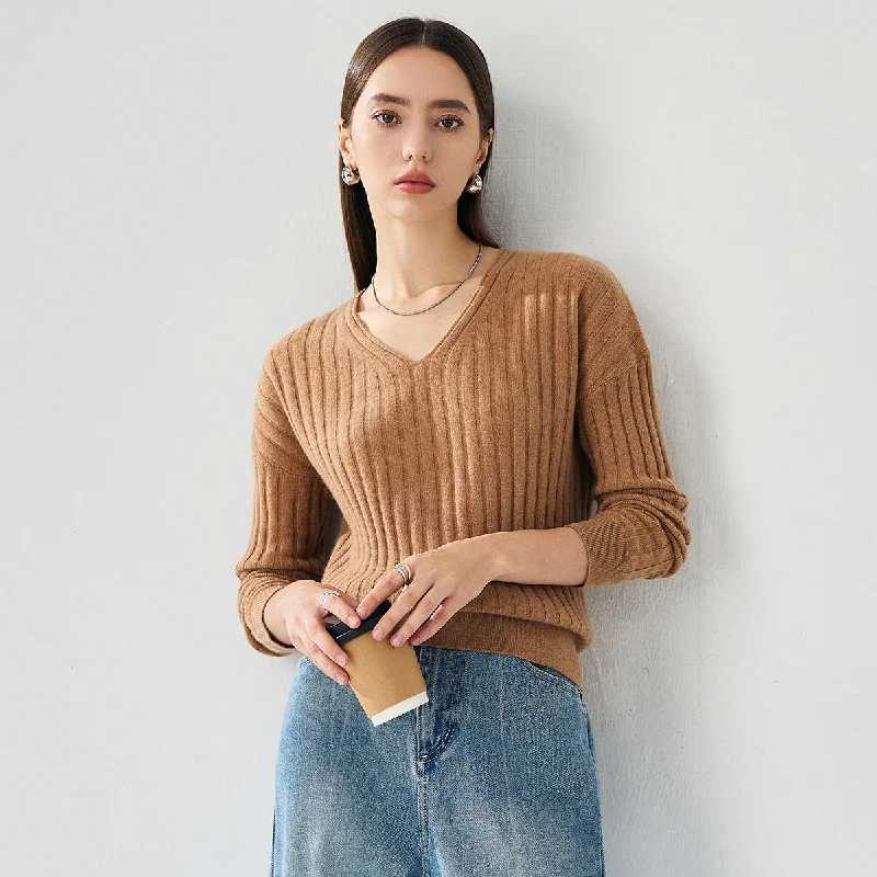 Easy Style 100% Cashmere Womens Cozy Ribbed V-Neck Sweater