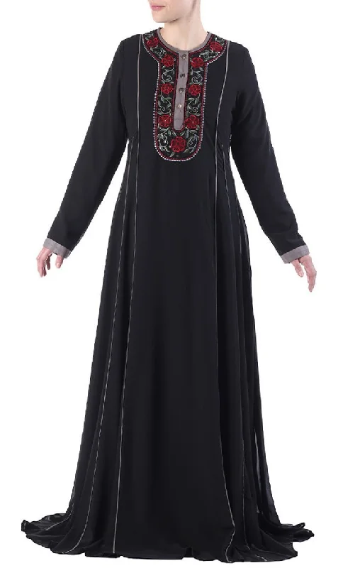 Everyday Style Floral embroidered neckline and sequins buttoned flared abaya dress