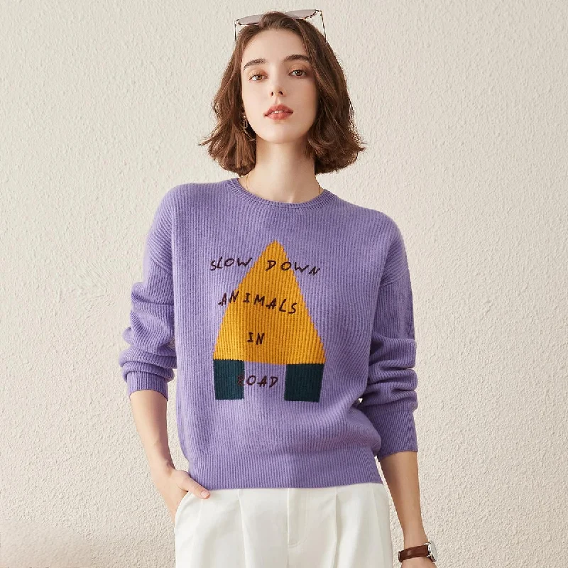 Elegant Comfort 100% Cashmere Ribbed Graphic Knit Sweater