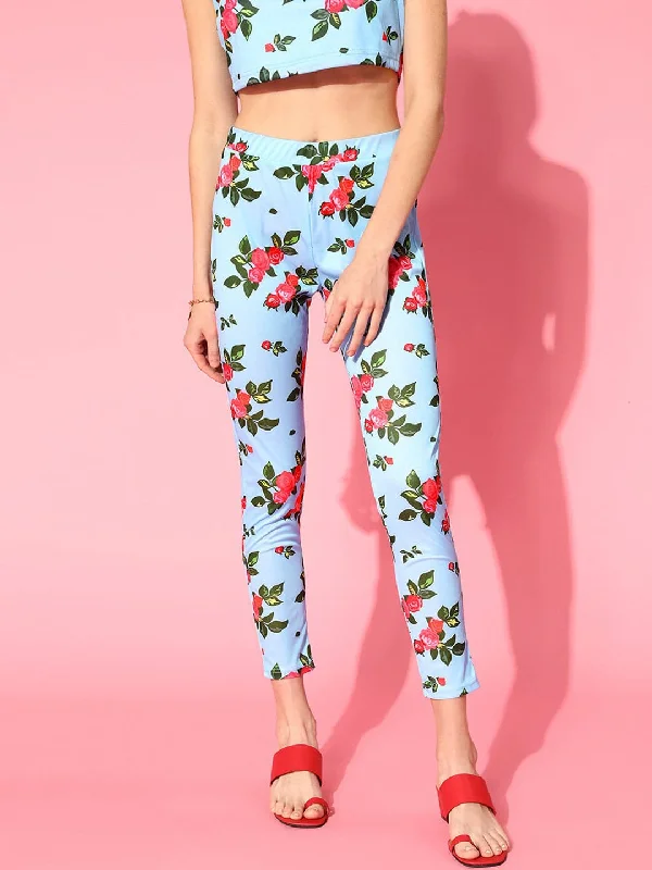 Fashionable and casual Women Blue Floral Leggings