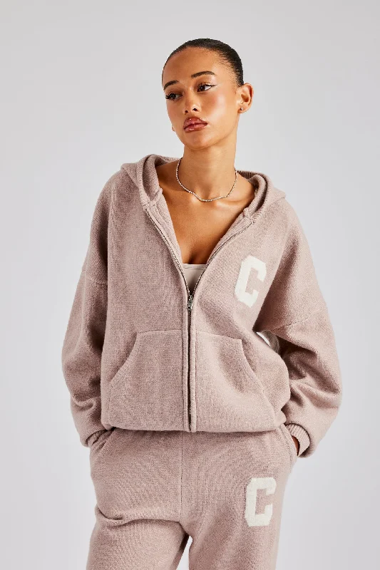 Minimal Style Hooded Zip Through Knitted Hoodie - Pink