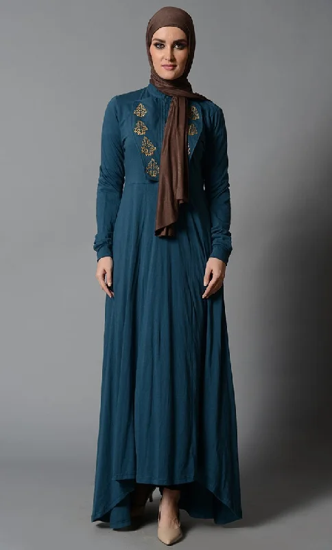 Sports Trend High -Low Cotton Jersey Abaya with Embroidery & Flap Details