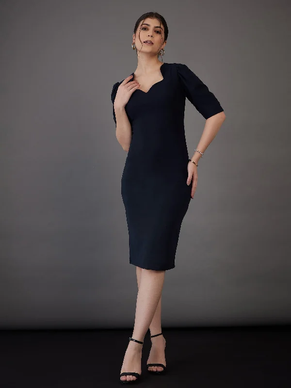 Retro Skirt Design Women Navy Sweetheart Neck Bodycon Midi Dress