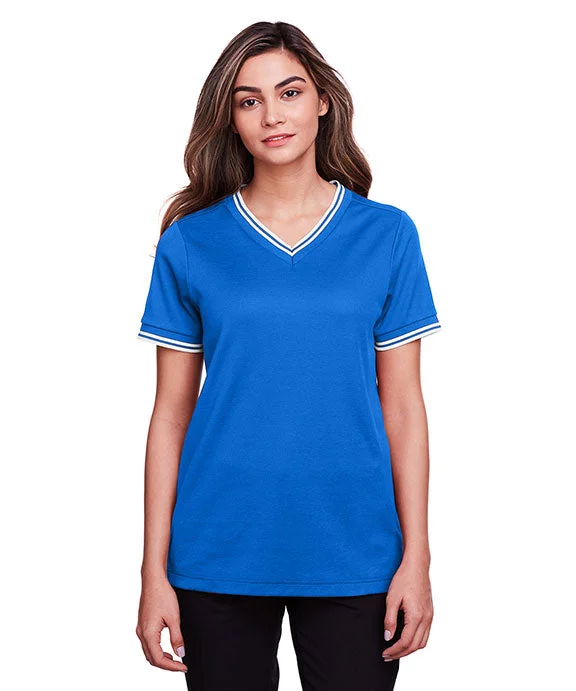 Elegant Design DG20CW - Devon & Jones CrownLux Performance® Ladies Plaited Tipped V-Neck Top | French Blue/White