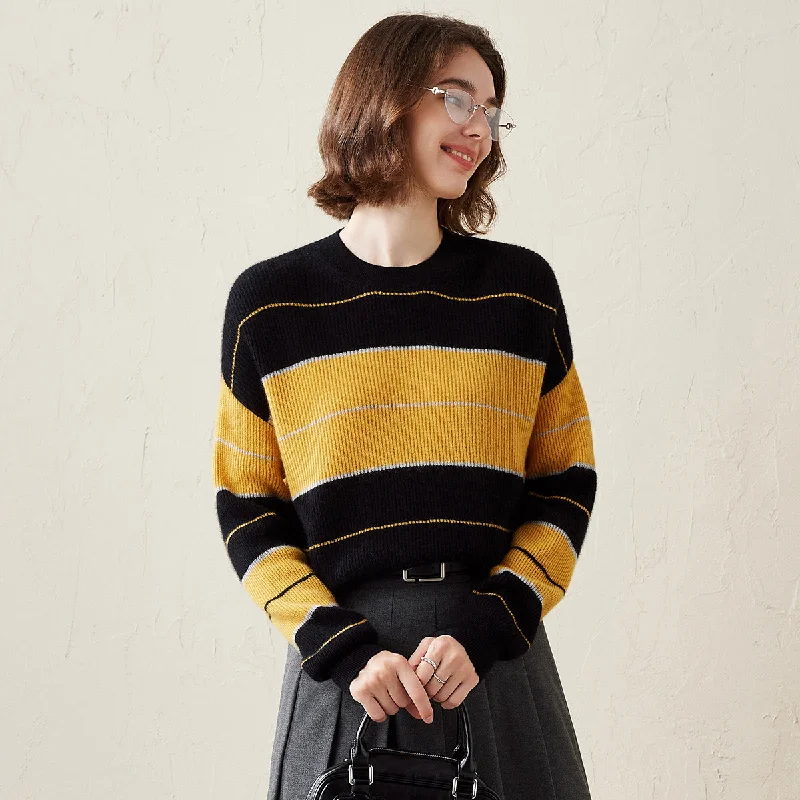American Style 100% Cashmere Casual Striped Crewneck Sweater
