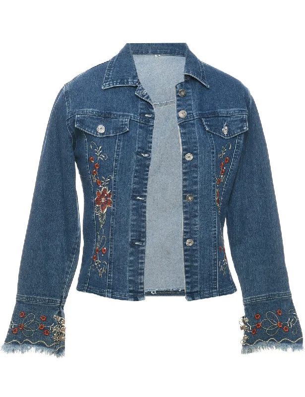 Casual And Versatile Floral Pattern Denim Jacket - M